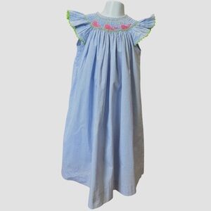 Shrimp and Grits Blue Smocked Gingham Dress with Pink Embroidery Size 5